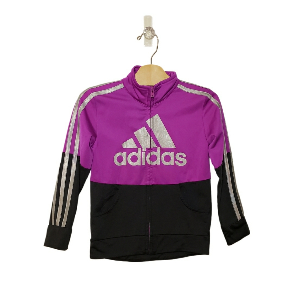 Adidas Size 5 Girls Purple and Black Silver Glitter Logo Track Jacket
